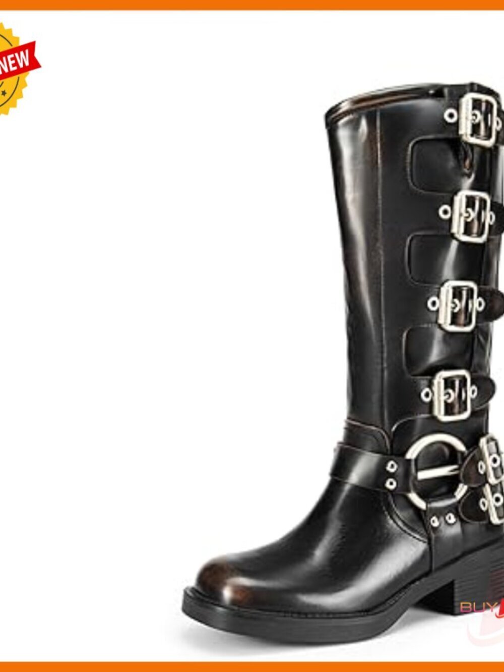 Knee High Motorcycle Boots Square Toe Chunky Heel Buckle Straps